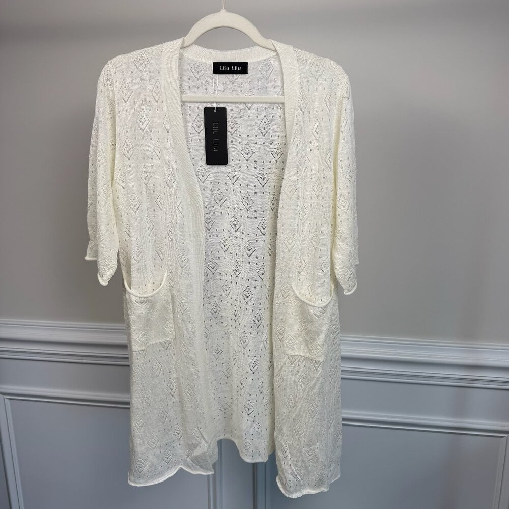 LiLu LiLu Sweater, Size 10, Cream, Lace Patterned Open-Front Cardigan